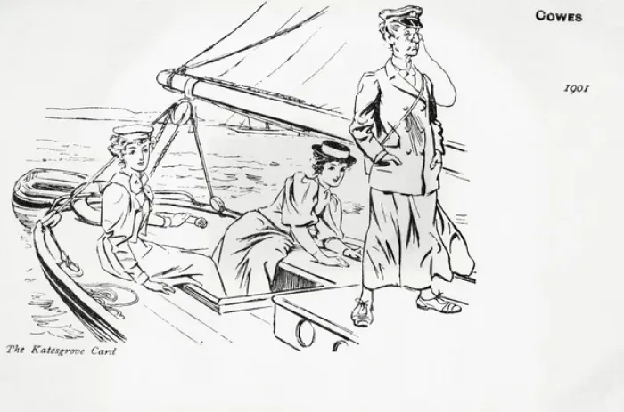 Framed Print : Cowes - Stern Lady Skipper with her young female crew Framed Print : Cowes - Stern Lady Skipper with her young female crew