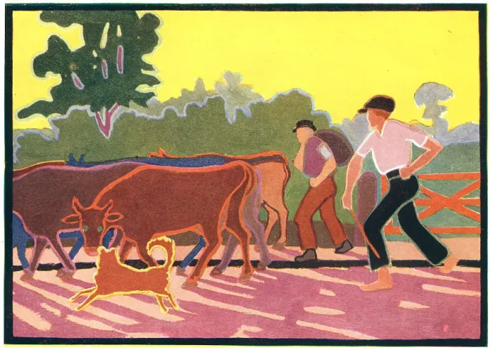 Framed Print : Cowherds. A painting, in poster style, of a pair of farmers Framed Print : Cowherds. A painting, in poster style, of a pair of farmers