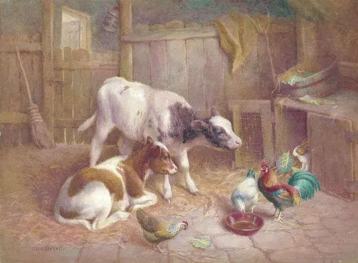 Framed Print : Cows, cockerel, hens and rabbit Framed Print : Cows, cockerel, hens and rabbit
