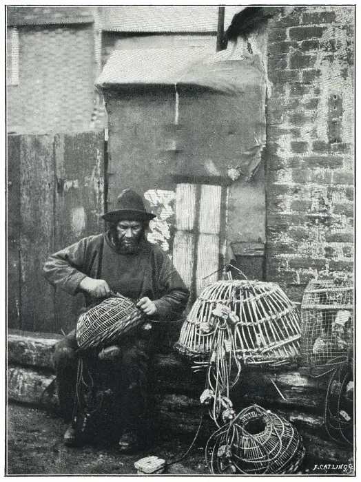 Framed Print : Crab Pots. Photograph of a fisherman repairing his crab pots. Date: circa 1898 Framed Print : Crab Pots. Photograph of a fisherman repairing his crab pots. Date: circa 1898