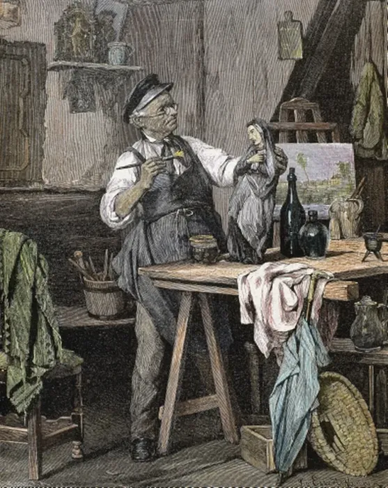 Framed Print : Craftsman in his workshop. Colored engraving of 1852 Framed Print : Craftsman in his workshop. Colored engraving of 1852