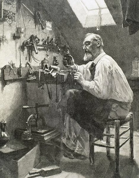 Craftsman in his workshop. Engraving. 19th century