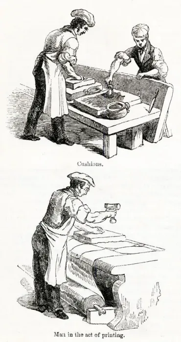 Framed Print : Craftsmen at floor cloth factory, Knightsbridge, SW London