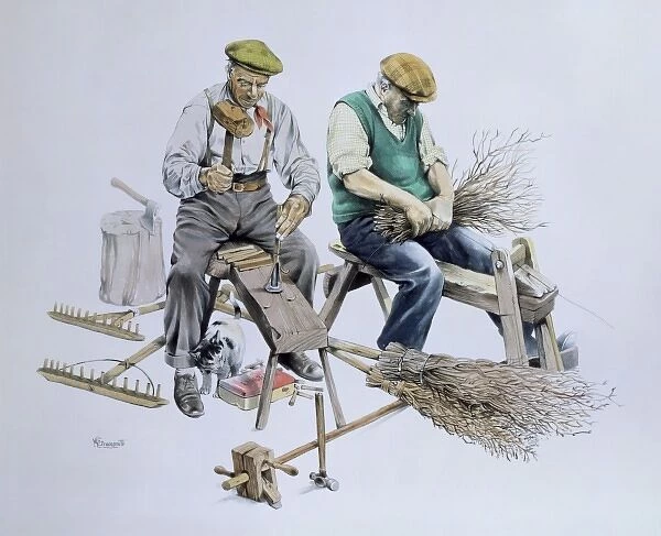 Craftsmen make besom brooms and wooden rakes