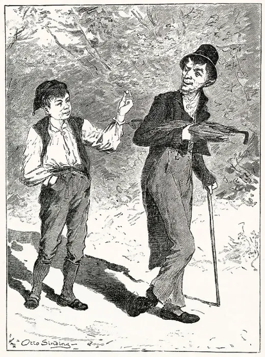 Framed Print : A crafty Norwegian lad outwits a simple-minded devil by tricking him into jumping into a nutshell, in which he is at once imprisoned. Date: 1879 Framed Print : A crafty Norwegian lad outwits a simple-minded devil by tricking him into jumping into a nutshell, in which he is at once imprisoned. Date: 1879