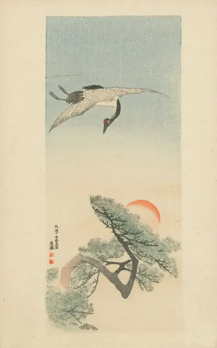 Framed Print : Crane flying over a pine tree with the setting sun - print Framed Print : Crane flying over a pine tree with the setting sun - print