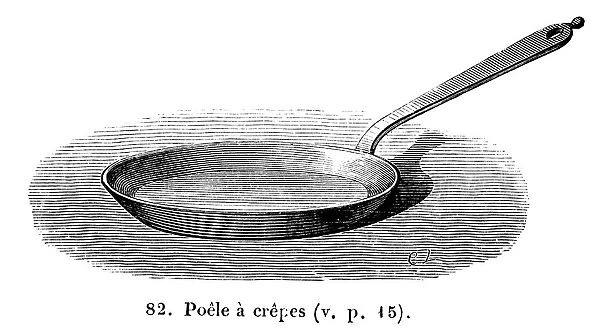 CREPE PAN. A flat-bottomed, shallow frying pan made for cooking crepes