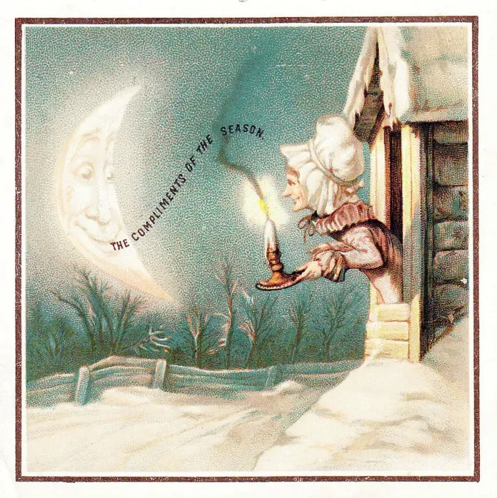 Framed Print : Crescent moon and woman on a Christmas card Framed Print : Crescent moon and woman on a Christmas card