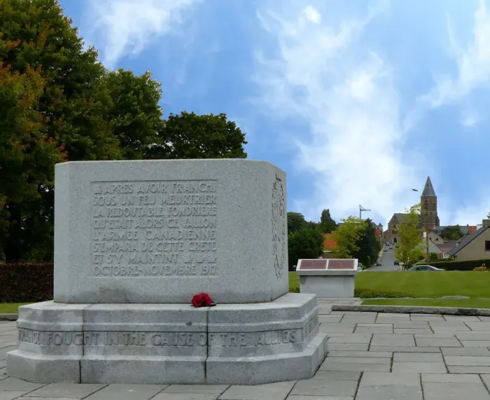 Framed Print : Crest Farm Canadian Memorial, Passendaele Church behind Framed Print : Crest Farm Canadian Memorial, Passendaele Church behind