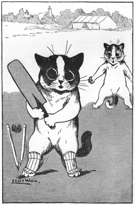 Framed Print : Cricket. Out! A cartoon by Louis Wain Date: 1907