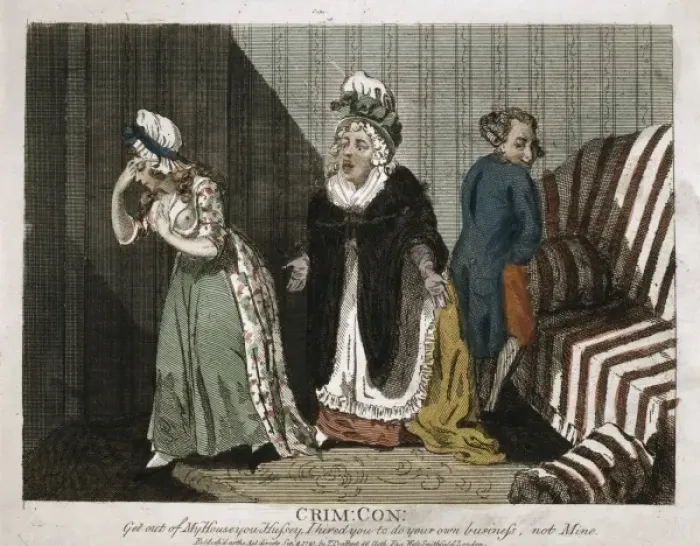 Framed Print : Crim. con. Cartoon print showing a woman who has taken an amorous couple by surprise, Framed Print : Crim. con. Cartoon print showing a woman who has taken an amorous couple by surprise,