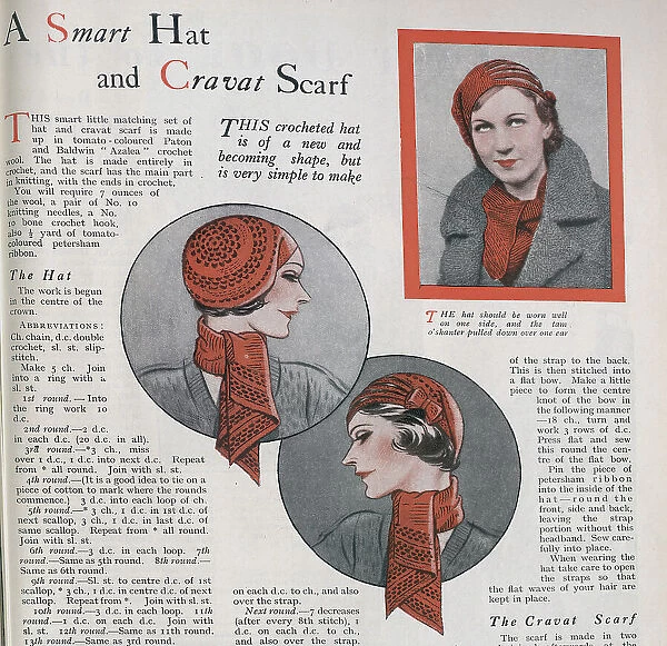 A crocheted hat and a knitted and crocheted cravat scarf. The images accompanied instructions on how to create the garments yourself. Date: 1932