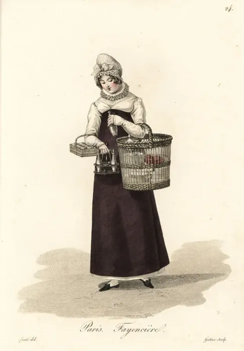 Framed Print : Crockery seller, Paris, early 19th century Framed Print : Crockery seller, Paris, early 19th century