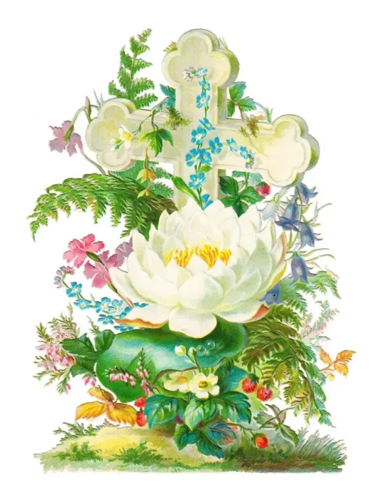 Framed Print : Cross with assorted flowers on a Victorian scrap Framed Print : Cross with assorted flowers on a Victorian scrap