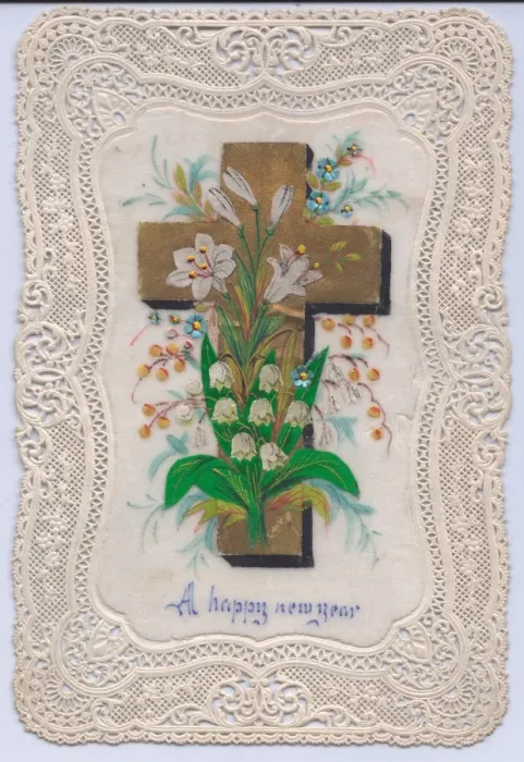 Framed Print : Cross and flowers on a New Year card Framed Print : Cross and flowers on a New Year card