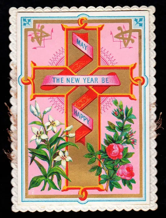 Framed Print : Cross and flowers on a New Year card Framed Print : Cross and flowers on a New Year card