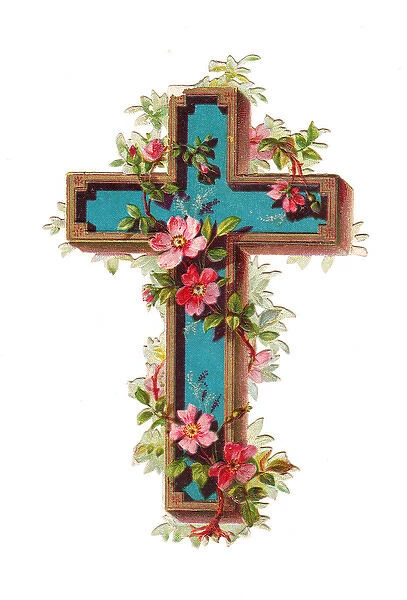 Cross with pink flowers on a Victorian scrap