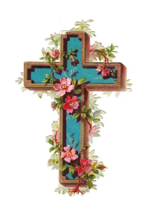 Framed Print : Cross with pink flowers on a Victorian scrap Framed Print : Cross with pink flowers on a Victorian scrap