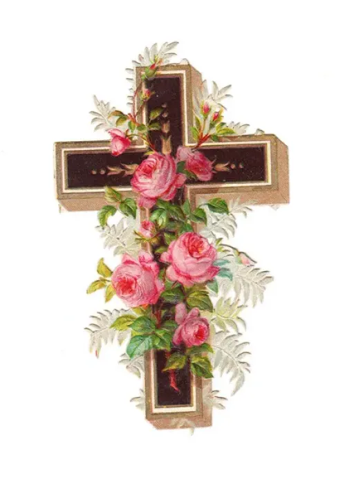 Framed Print : Cross with pink roses on a Victorian scrap Framed Print : Cross with pink roses on a Victorian scrap
