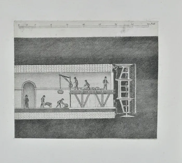 Framed Print : Cross section showing workmen excavating the Thames Tunnel Framed Print : Cross section showing workmen excavating the Thames Tunnel