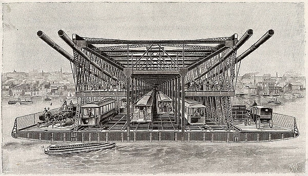 A cross-section of the Williamsburg Bridge, a suspension bridge connecting Manhattan with Brooklyn which was opened in December 1903. Until 1924 it held the record as the longest suspension bridge in the world. Date: 1904
