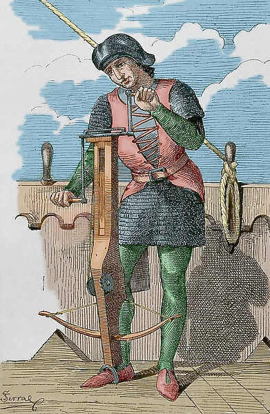 Crossbowman. Engraving by Serra (after a 14th century codex)
