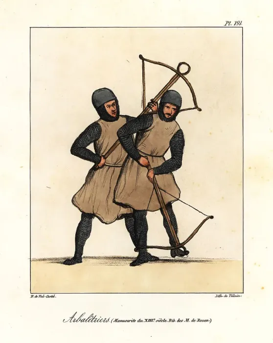 Framed Print : Crossbowmen in helmets, chaimnail armor, tunics, loading their w Framed Print : Crossbowmen in helmets, chaimnail armor, tunics, loading their w