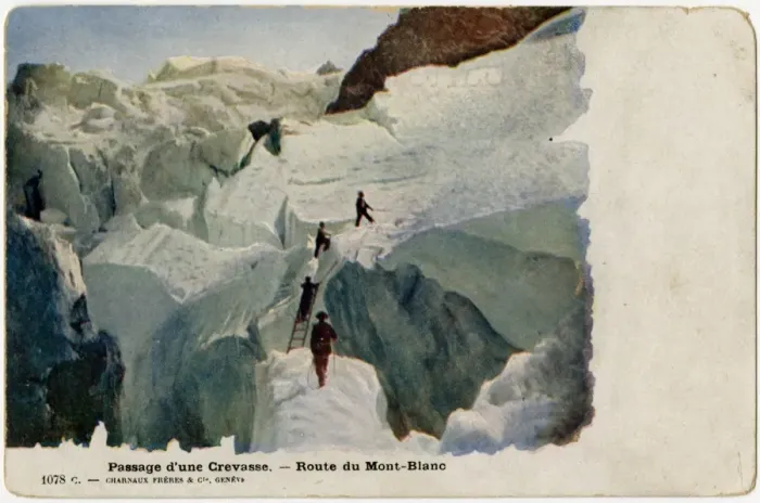 Framed Print : Crossing a Crevasse - Climbing Mont Blanc, France Framed Print : Crossing a Crevasse - Climbing Mont Blanc, France