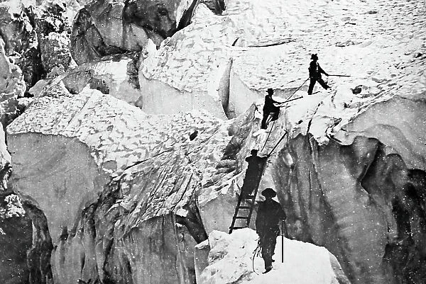Crossing a crevasse, Mont Blanc, Victorian period