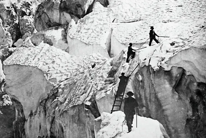 Framed Print : Crossing a crevasse, Mont Blanc, Victorian period Framed Print : Crossing a crevasse, Mont Blanc, Victorian period