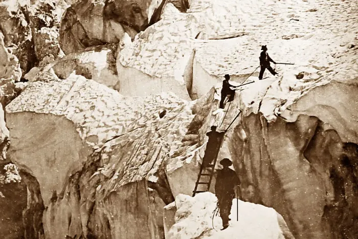 Framed Print : Crossing a crevasse, Mont Blanc, Victorian period Framed Print : Crossing a crevasse, Mont Blanc, Victorian period