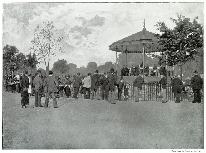 Framed Print : Crowd listening to live music on the bandstand in Battersea Park, London. Date: late 1890s Framed Print : Crowd listening to live music on the bandstand in Battersea Park, London. Date: late 1890s