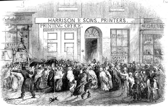 Framed Print : Crowd outside the London Gazette Office, London, 1854 Framed Print : Crowd outside the London Gazette Office, London, 1854