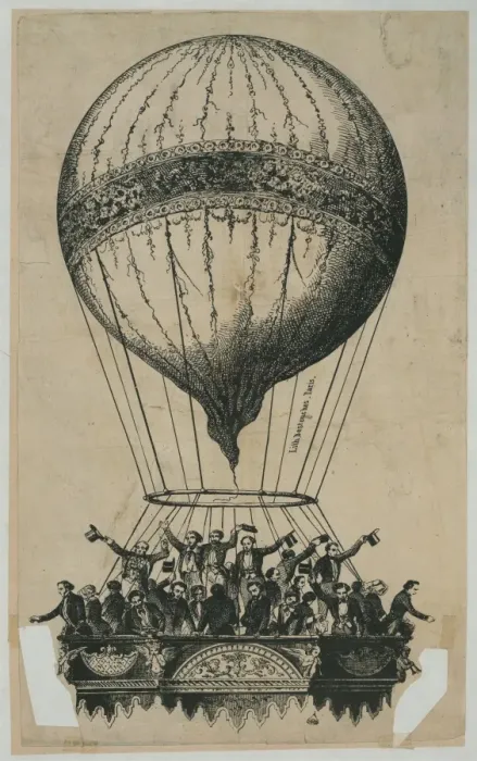 Framed Print : Crowd of passengers wave from basket of ascending balloon Framed Print : Crowd of passengers wave from basket of ascending balloon