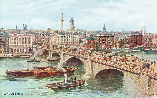 Crowded London Bridge, boats, Nelson's Column behind
