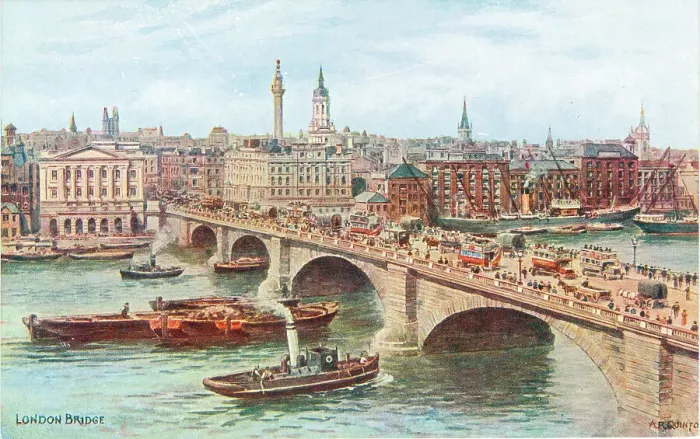 Framed Print : Crowded London Bridge, boats, Nelson's Column behind Framed Print : Crowded London Bridge, boats, Nelson's Column behind
