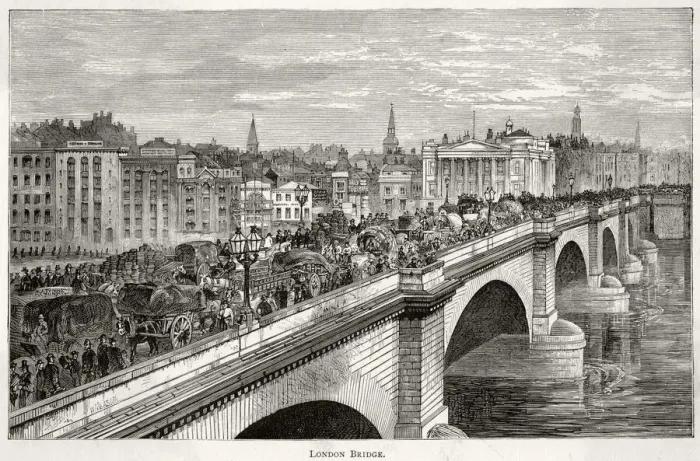 Framed Print : A very crowded street scene on London Bridge. Date: circa 1860 Framed Print : A very crowded street scene on London Bridge. Date: circa 1860