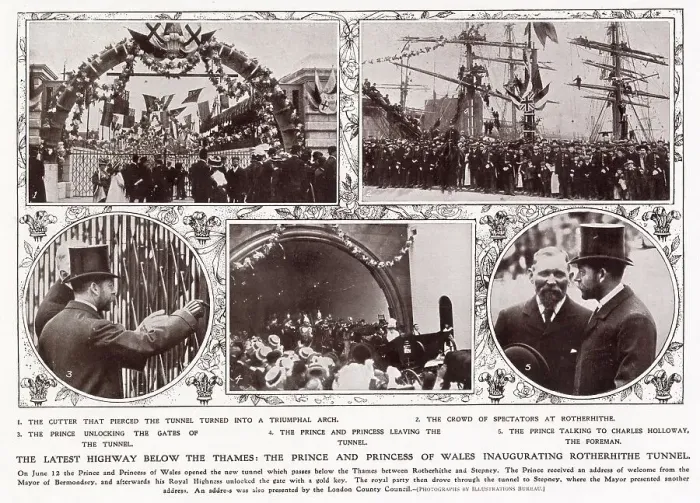 Framed Print : Crowds of spectators came to see Prince and Princess of Wales (later George V and Mary of Teck) open the new Rotherhithe Tunnel, between Rotherhithe and Stepney. Date: 12th June 1908 Framed Print : Crowds of spectators came to see Prince and Princess of Wales (later George V and Mary of Teck) open the new Rotherhithe Tunnel, between Rotherhithe and Stepney. Date: 12th June 1908