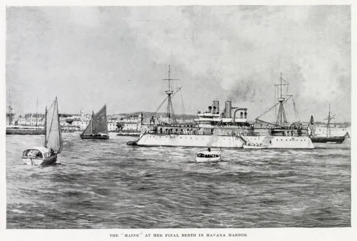 Framed Print : The Us cruiser Maine in Havana harbour, where she will shortly be blown up Framed Print : The Us cruiser Maine in Havana harbour, where she will shortly be blown up