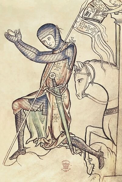 Crusader knight praying. Manuscript of the 12th