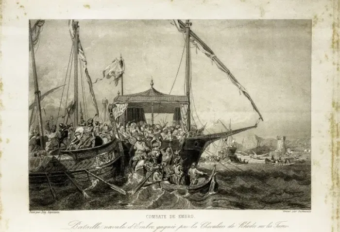 Framed Print : Crusades. Naval battle of Embro (1346) in which