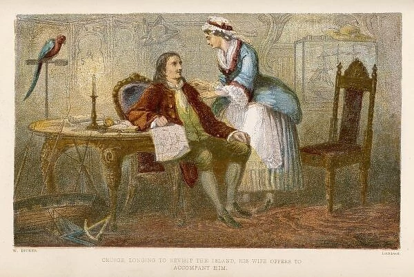 Crusoe and his Wife. Crusoe longs to revisit the island; his wife offers to accompany him