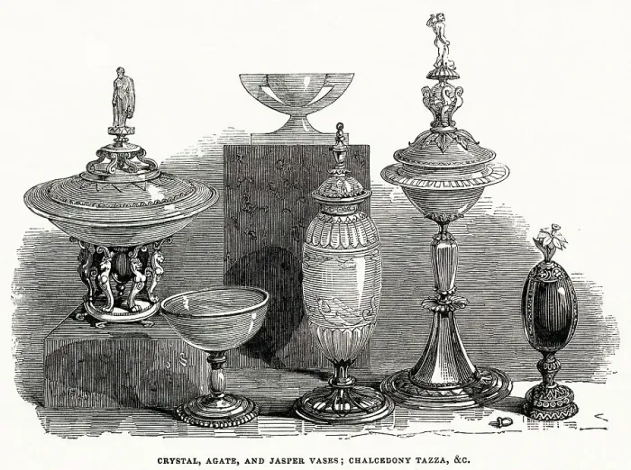 Framed Print : Crystal, agate and jasper vases and a chalcedony tazza, objects in a sale of the Beckford Collection in 1845. Date: 1845 Framed Print : Crystal, agate and jasper vases and a chalcedony tazza, objects in a sale of the Beckford Collection in 1845. Date: 1845