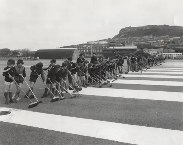 Framed Print : Cub Scouts sweeping runway, HMS Osprey, Portland Framed Print : Cub Scouts sweeping runway, HMS Osprey, Portland