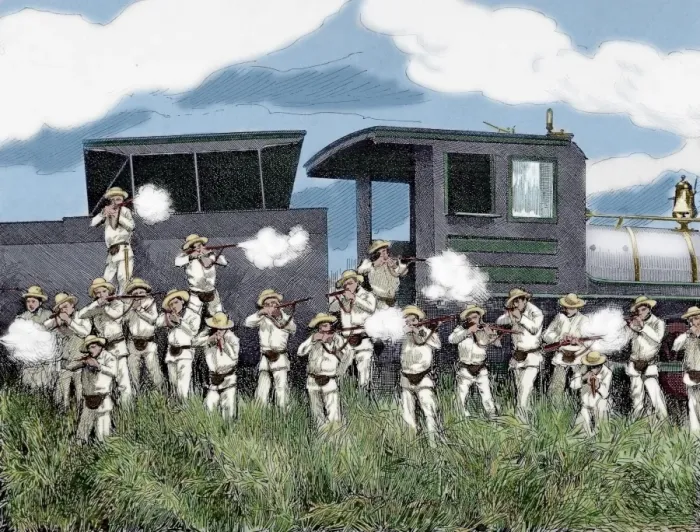 Framed Print : Cuban War of Independence (1895-1898). Defending a train att Framed Print : Cuban War of Independence (1895-1898). Defending a train att