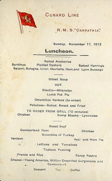 Cunard Line, RMS Carpathia - luncheon menu