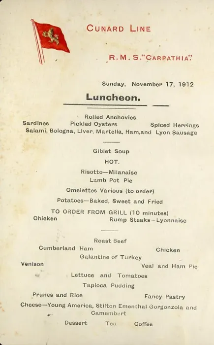 Framed Print : Cunard Line, RMS Carpathia - luncheon menu Framed Print : Cunard Line, RMS Carpathia - luncheon menu