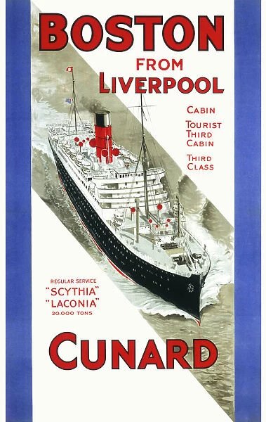 Cunard Poster advertising cruises from Liverpool to Boston on the Scythia