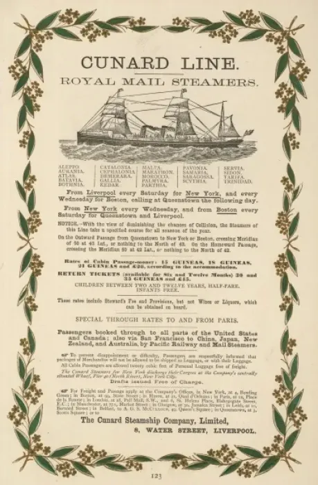 Framed Print : Cunard Timetable 1883 Framed Print : Cunard Timetable 1883