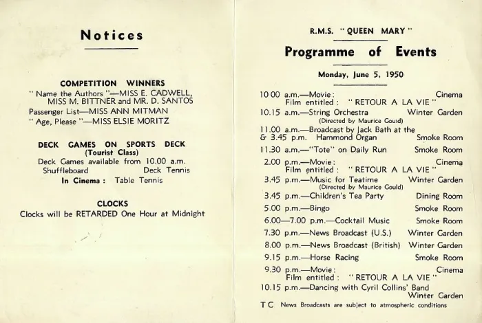 Framed Print : Cunard White Star, RMS Queen Mary, Programme of Events Framed Print : Cunard White Star, RMS Queen Mary, Programme of Events